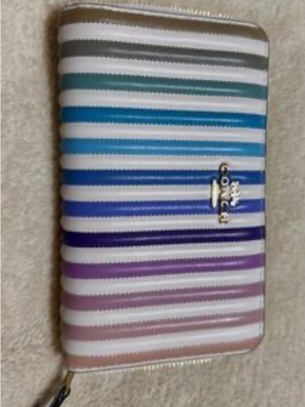 Coach Zip Around Wallet - White, Blue, Teal, Purple, Pink, Gray Stripes